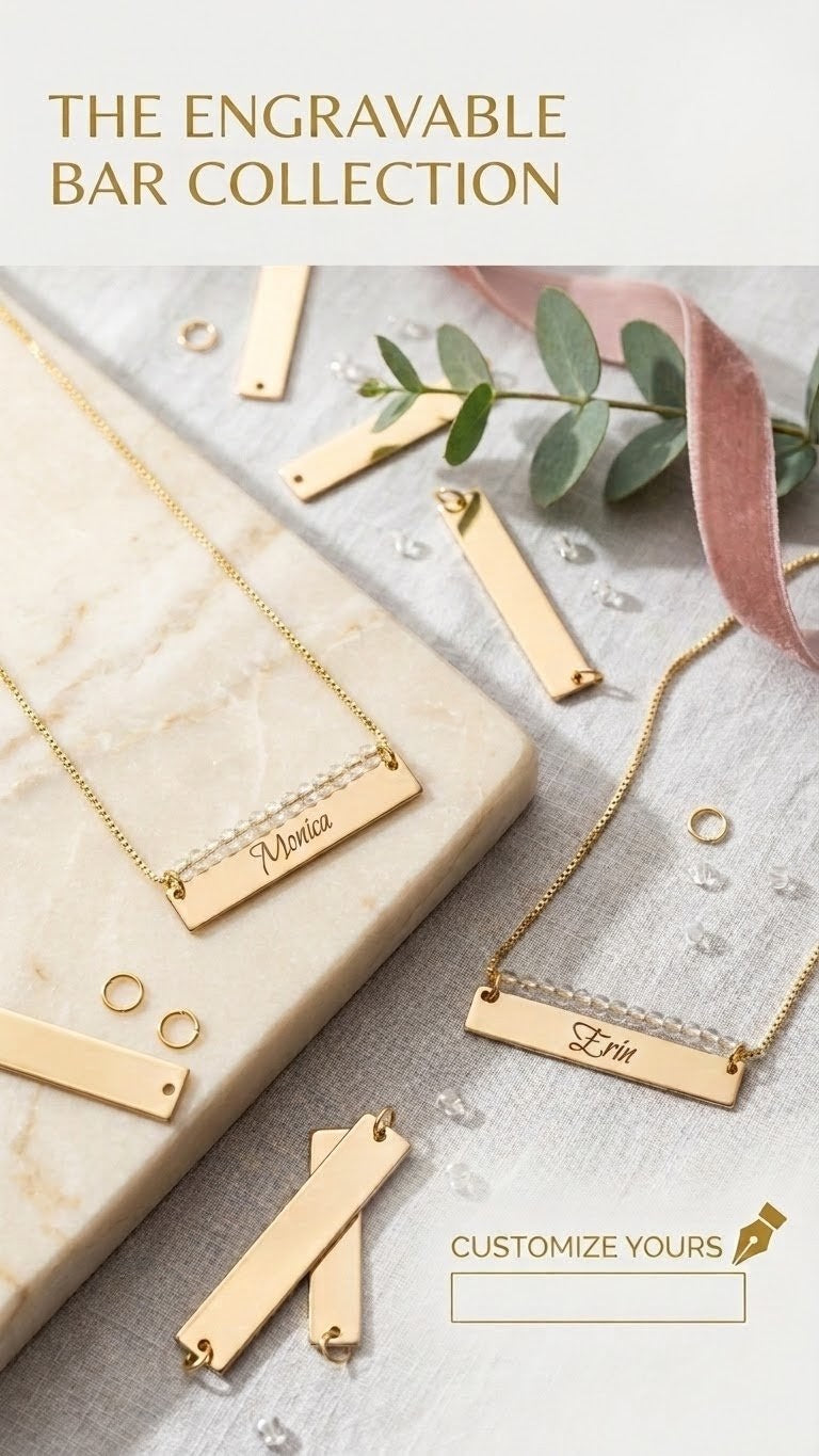 Gold beaded bar name necklaces with engraved bar pendants and matching rings accents