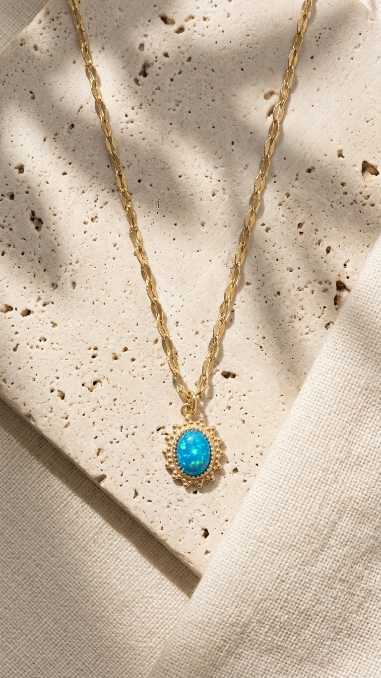 Sunburst Blue Opal Necklace | Natural 4x6mm Cabochon in 18k Gold Plated Flake Chain | Extrinsic Beauty