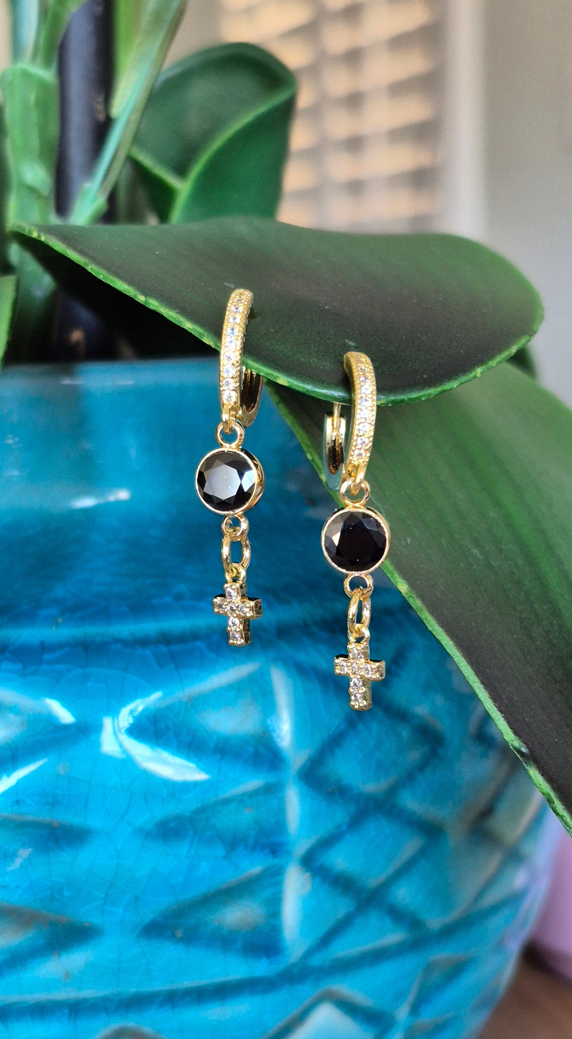 Cross French clip huggies | Black & white zircon