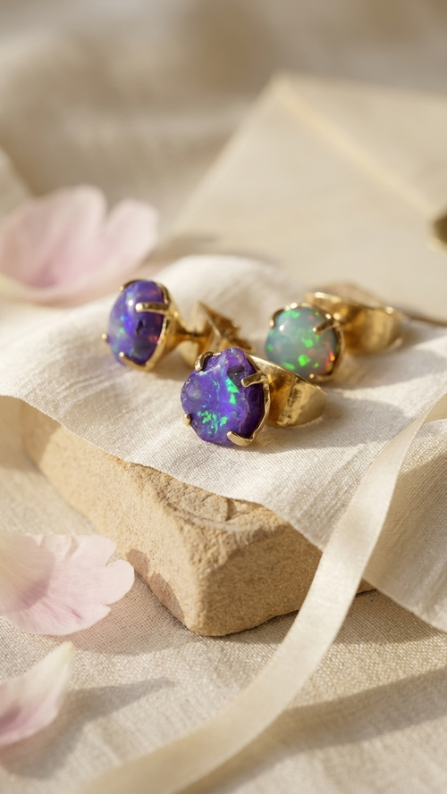 Small purple Ethiopian opal chip 18k gold 4mm Studs