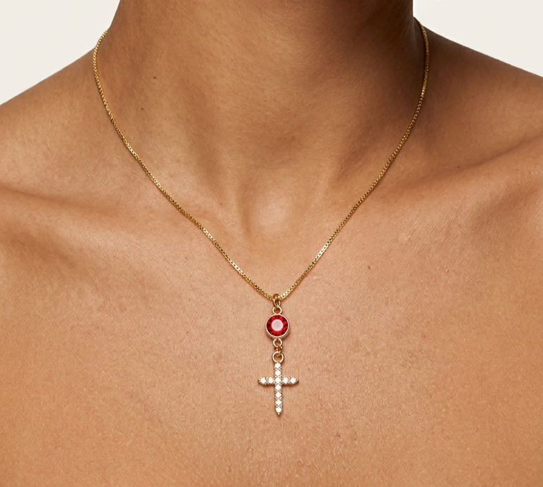 Orange Sapphire & White Zircon Cross Necklace